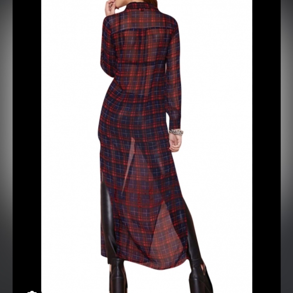BCBGeneration Sheer Plaid Longline Shirt